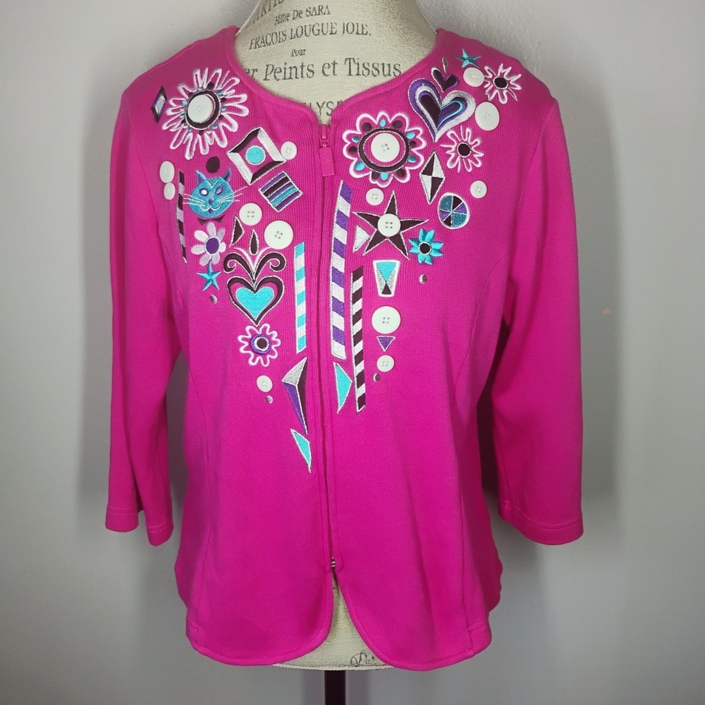 Bob Mackie Wearable Art Womens Embellished Sweater Jacket Medium Pink Cat‎ Lady